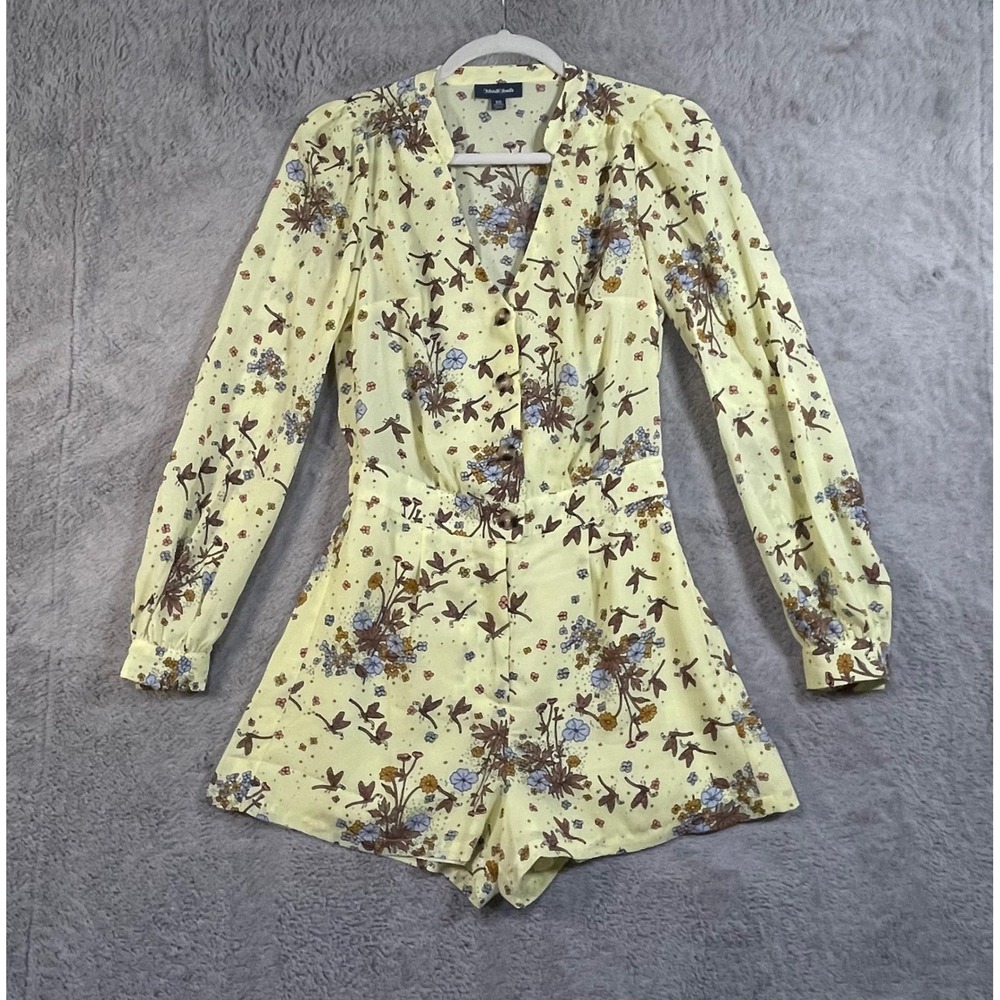 ModCloth Floral Print Romper Womens XS Yellow Long Sleeve Button Front Whimsical